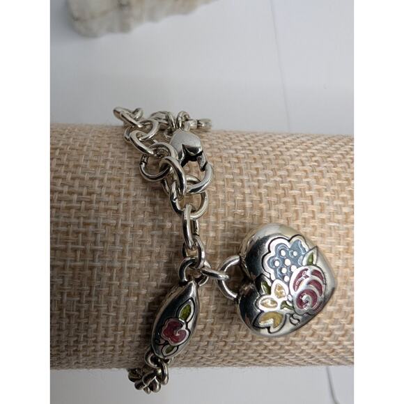 Brighton Floral Heart Charm Bracelet Silver Tone Enamel 7.5 Inch reversible - Picture 5 of 7